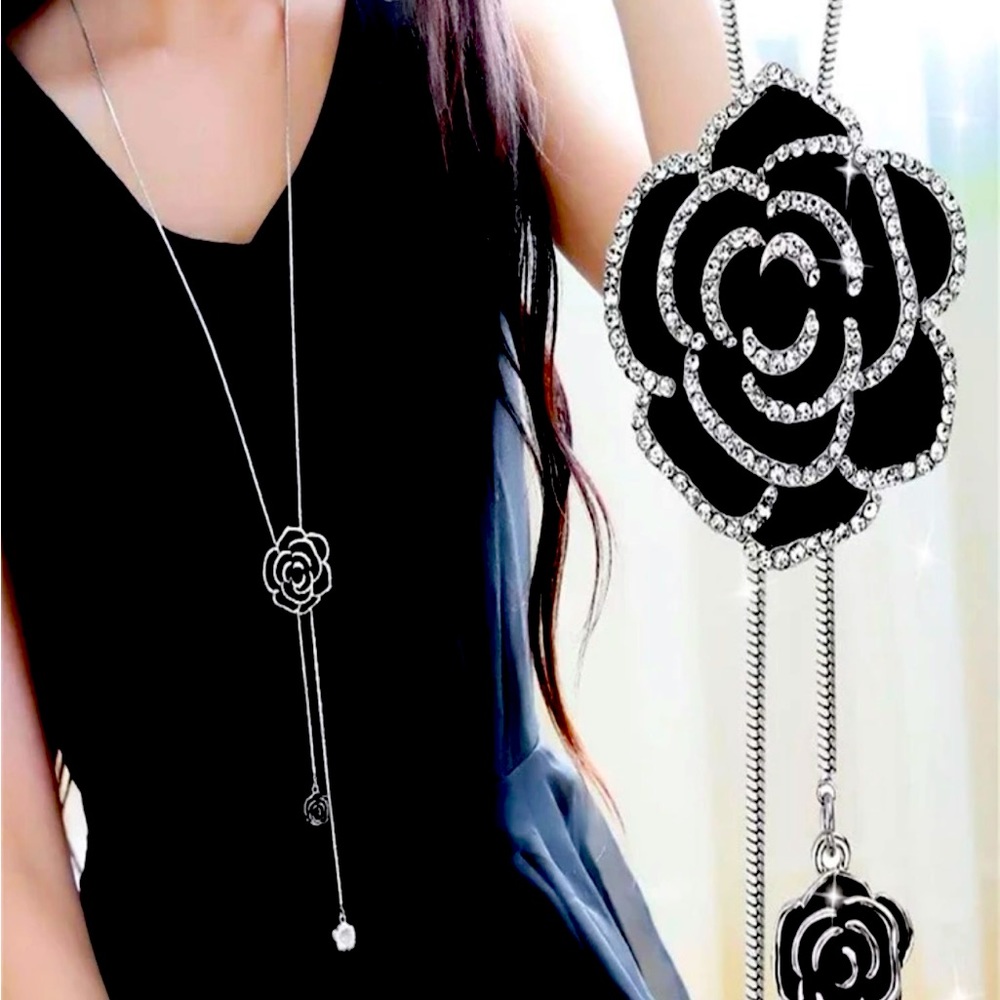 Elegant Black Rose Drop Necklace with Crystal Accents